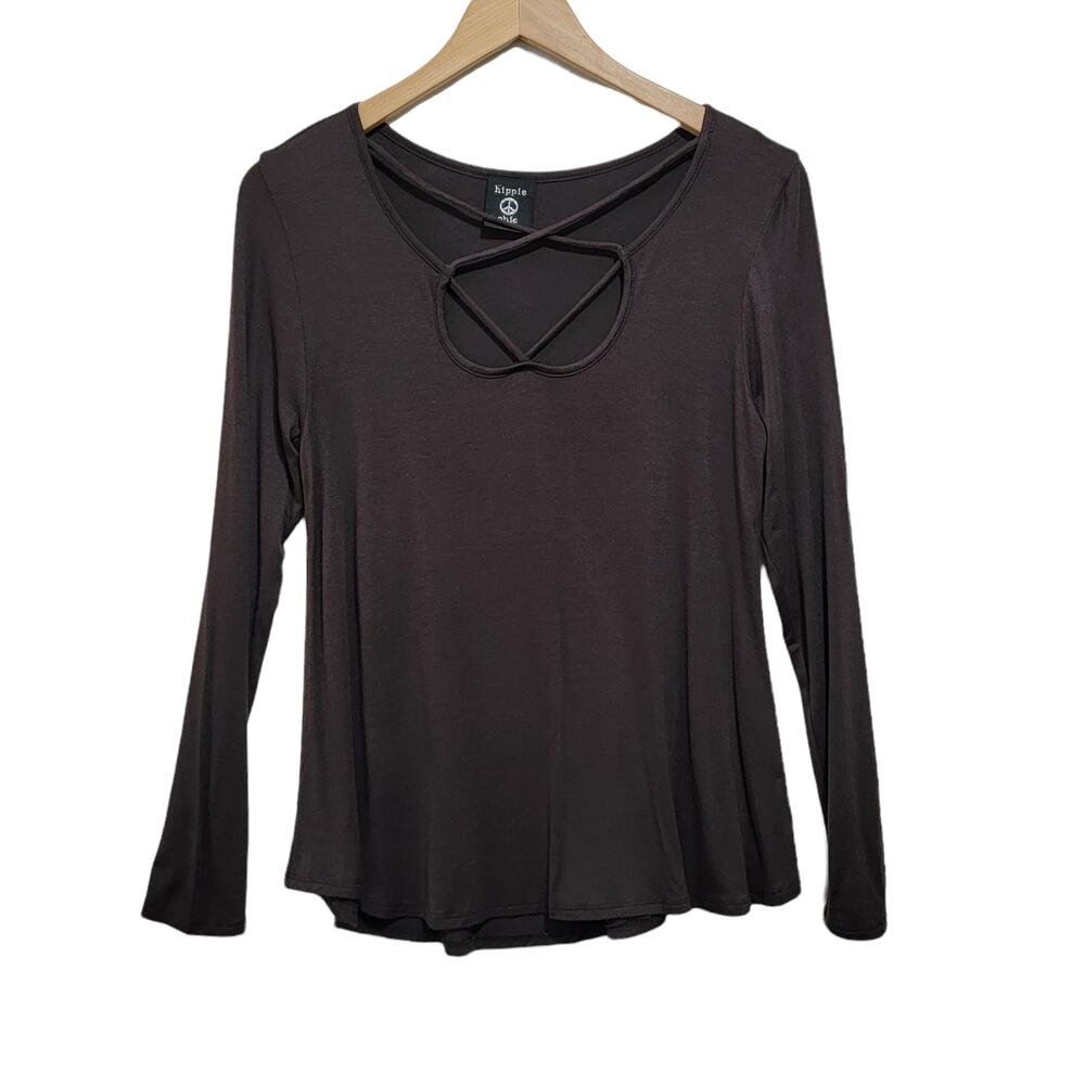 Hippie Chic Long Sleeve Top Caged Yoga Active Charcoal Gray T-Shirt Size Medium